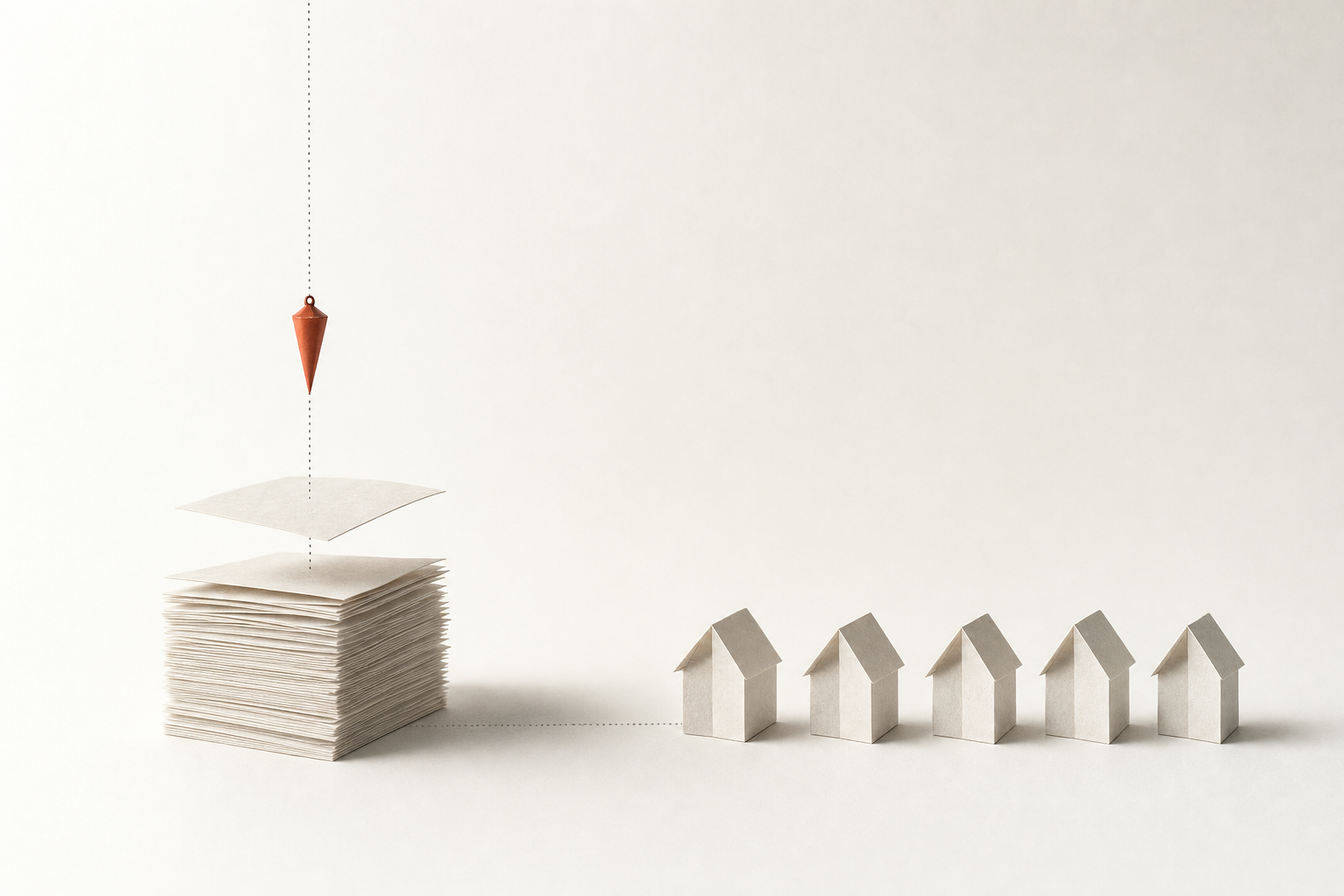 A burnt-orange plumb bob hangs on a dotted line over a tall stack of paper sheets, the top two lifting off, and a second dotted line runs along the ground from the stack to a row of five small paper houses: a pile of answers being measured, and the five businesses it named.
