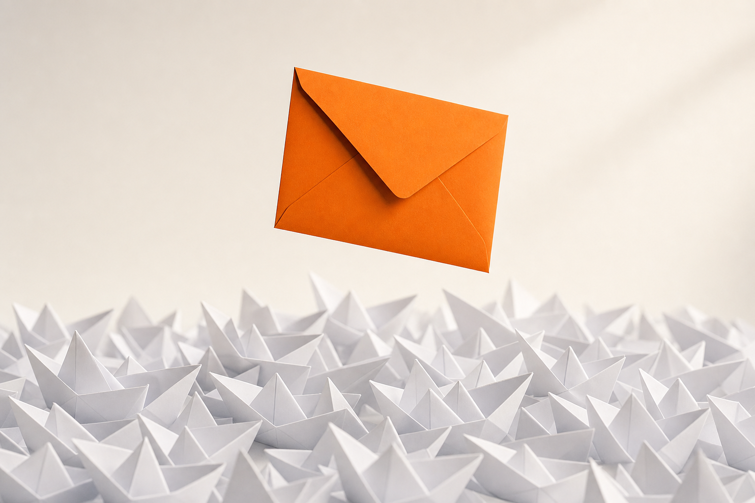 A single orange envelope floating above a sea of plain white paper boats: the one enquiry that rises clear of the crowd.